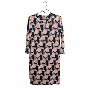 J.McLaughlin Catalina Cloth Carly Shift Dress Geo Print Blue Pink 3/4 Sleeve L